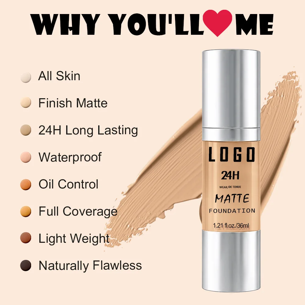 36ml Private Label Matte Liquid Foundation Custom Logo Soft-focus Skin-smoothing Foundation Base Waterproof Face Makeup Vegan