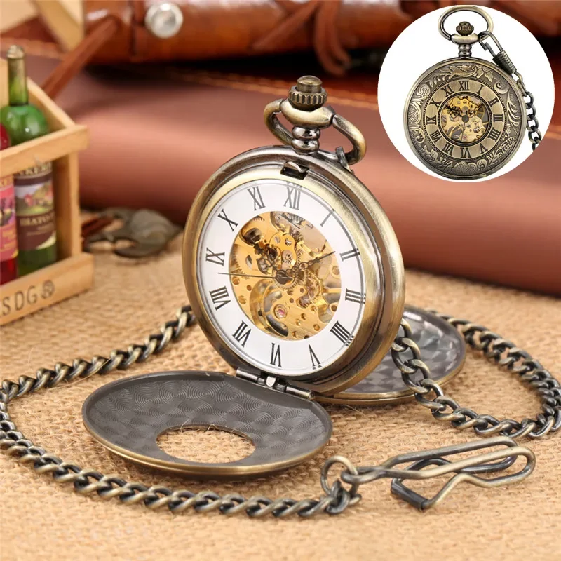 

Bronze Skeleton Pocket WatchDouble Open Hunter Roman Numbers Men Women Hand Winding Mechanical Clock FOB Pendant Chain Gift