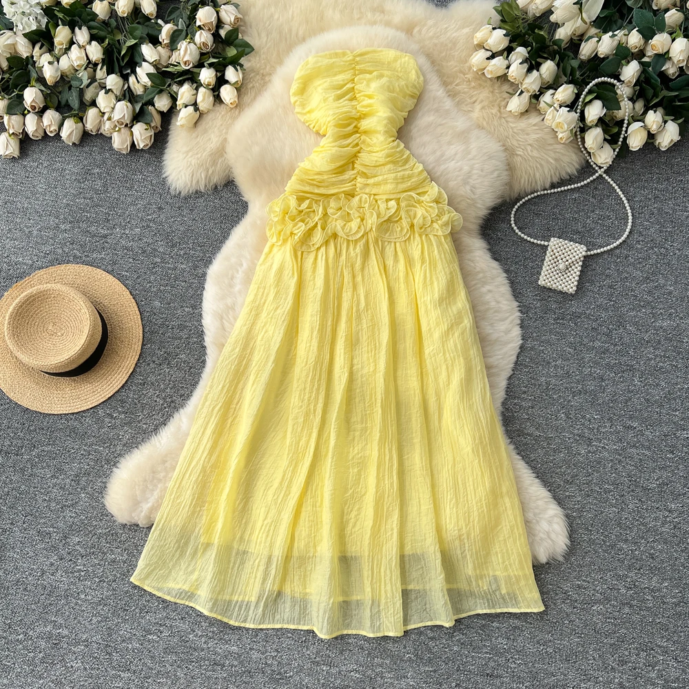 Chic vintage pleated mesh Ruched Elegant dress Fairy korean fashion Boho Sundress women clothing