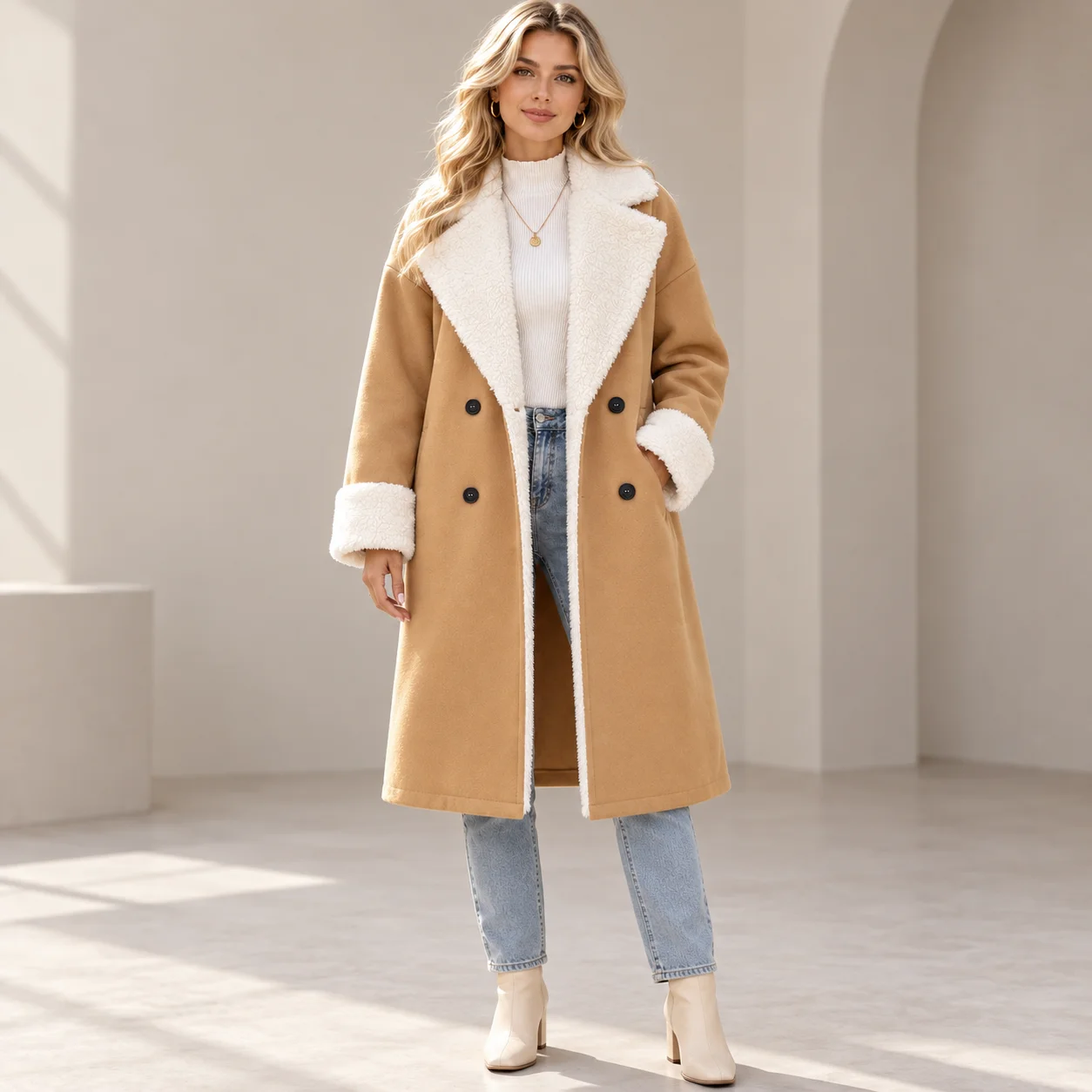 Women Winter Teddy Coat Long Faux Shearling Coat Oversized Lapel Double Breasted Warm Jacket Casual Elegant Outerwear