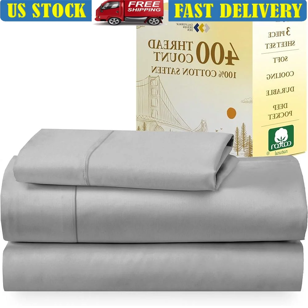 100% Cotton Twin Sheet Set 400 Thread Count Sateen Deep Pocket Breathable Soft Bedding Dorm Rooms & Adults Best Sleep Award