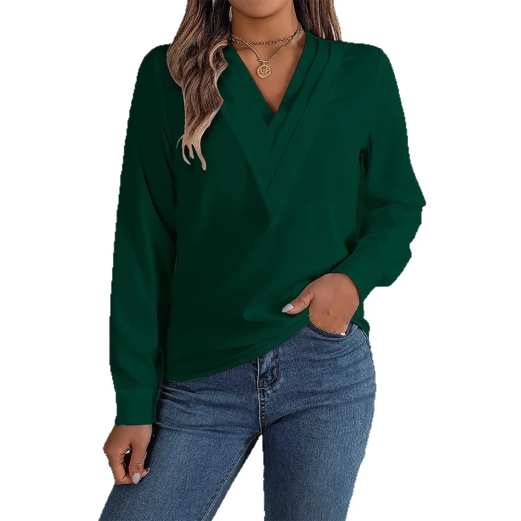 2025 new v-neck long-sleeved shirt fashionable and sexy solid color elegant top women