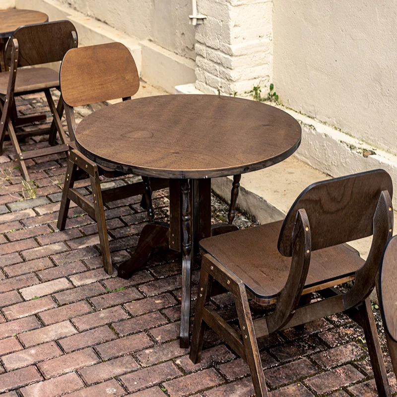 Retro Dining Table Round Table and Chairs Outdoor Table Coffee Shop Milk Tea House Solid Wood Indoor Coffee Tables