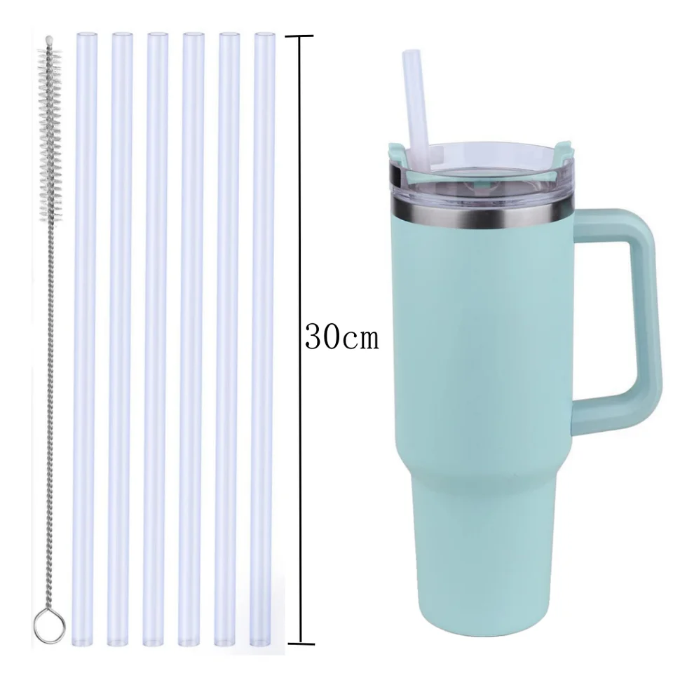 30cm 6개 재사용 가능한 빨대(청소용 브러시 포함), 플라스틱, 투명, 스탠리 40온스 30온스 컵 텀블러와 호환되는 교체용 빨대