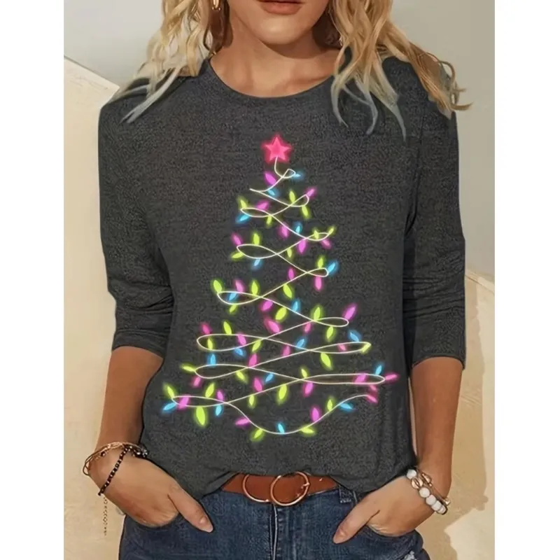 New women\'s long sleeved top T-shirt with Christmas tree print pattern fashionable and elegant styleround neck T-shirt for women