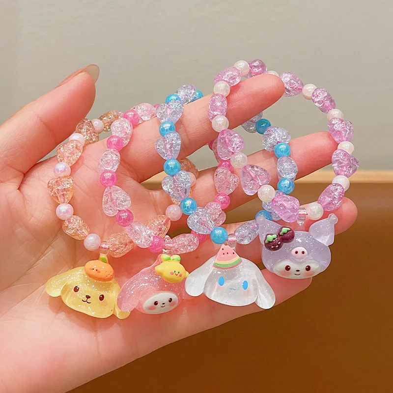 2pcs Sanrio Crystal Beaded Bracelet Kawaii Anime Melody Kuromi Cinnamoroll Cute Bracelet For Girl Sweet Style Jewelry Party Gift