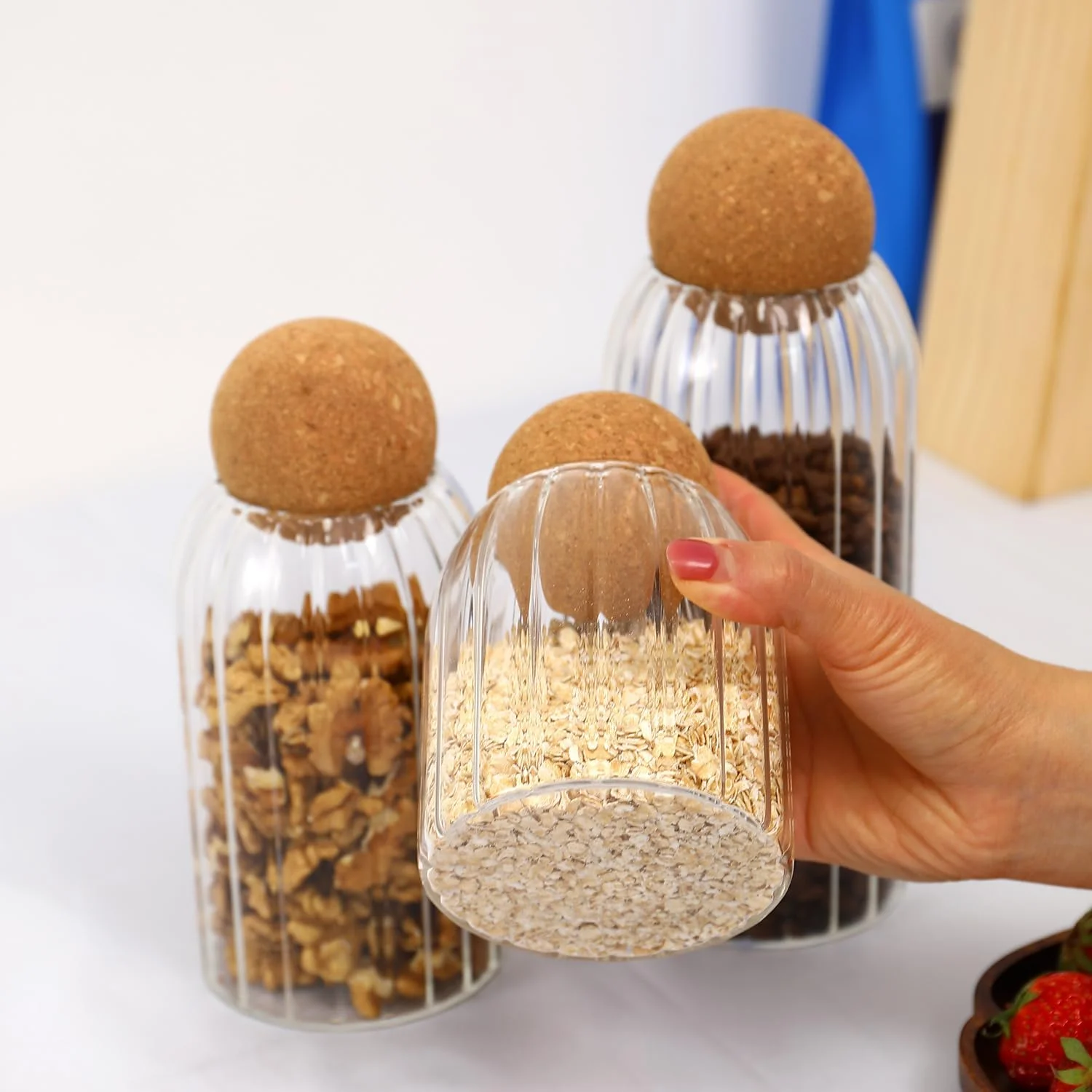 مجموعة جرة زجاجية خزان طعام مع سدادة خشبية محكمة الغلق لعلبة المطبخ - مثالية للدقيق والسكر والبسكويت والمكسرات والحلوى