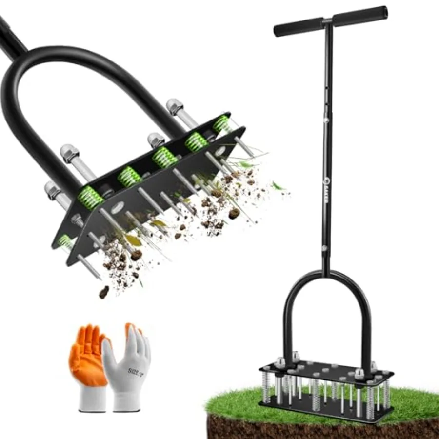 

Saker Lawn Aerator Tool, Lawn Aerator with 15 Iron Spikes, Automatic Leaf and Dirt Cleaning with Spring-Loaded Design, Metal Ma
