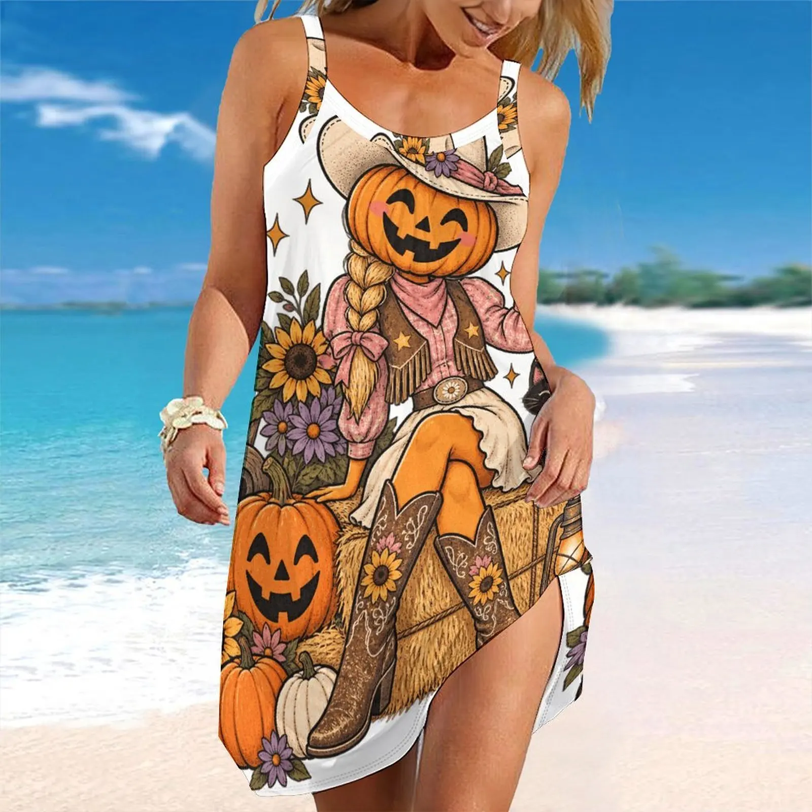 Women Spaghetti Strap Beach Dress V Neck Pleated Loose Mini Dress Custom Print Ladies Vacation Cover Up Dress