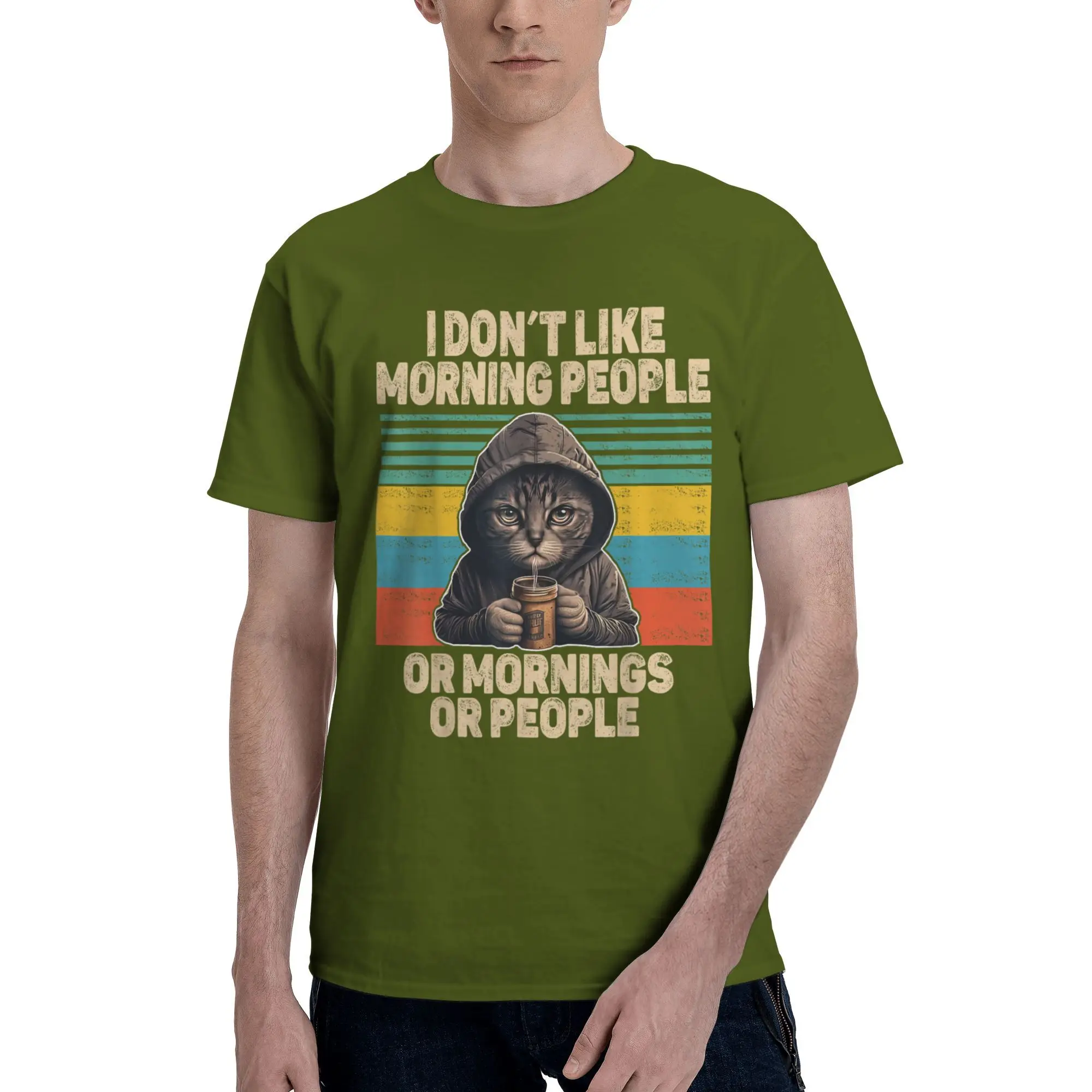 

Cool Dont like morning people cat with coffee bad mood T-Shirt Men Crewneck Cotton T Shirts Short Sleeve Tee Shirt Gift Clothes
