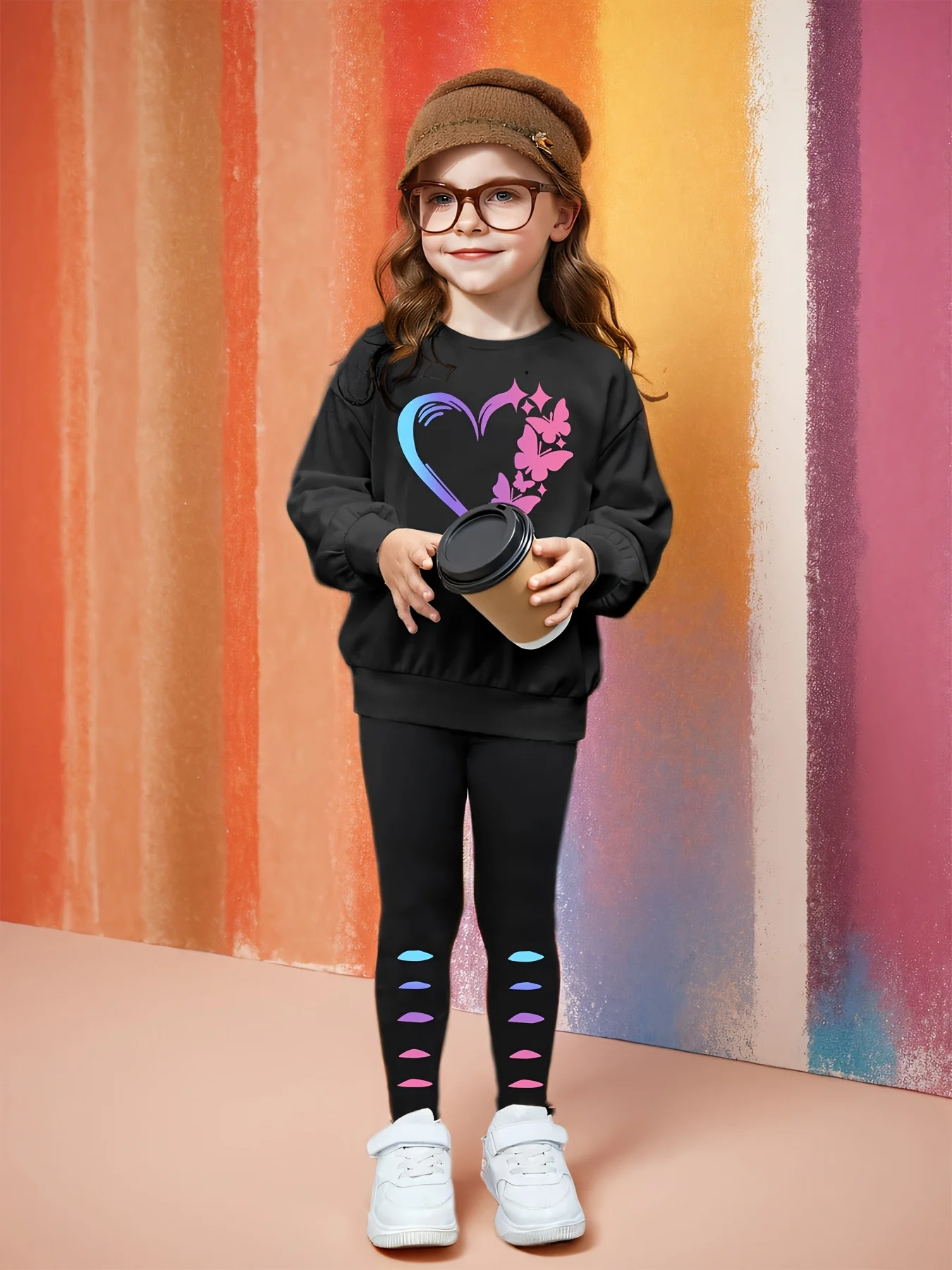 Mädchen-Herbst-Freizeitoutfit: Rundhals-Sweatshirt + Leggings Zweiteiler mit buntem Herz-Print, geeignet für Kinder ab 3 Jahren, vielseitige Kleidung für Zuhause und Ausflüge. – Detail 4