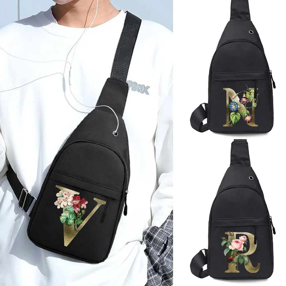 

Unisex Golden Flower Letter Print Shoulder Chest Bags Work Phone Sundries Storage Pack Adjustable Chest Bag Crossbody Backpack