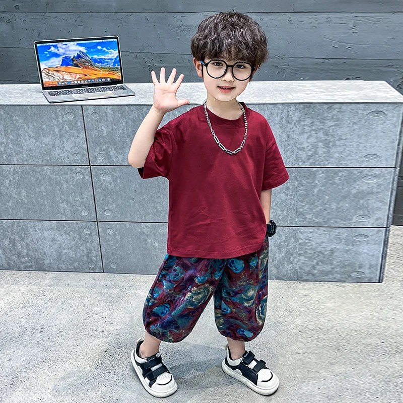 New Children's Set Summer Boys Casual Versatile T-shirt Short sleeved+Fashion Personalized Printed Loose Pants 2pcs Set Children