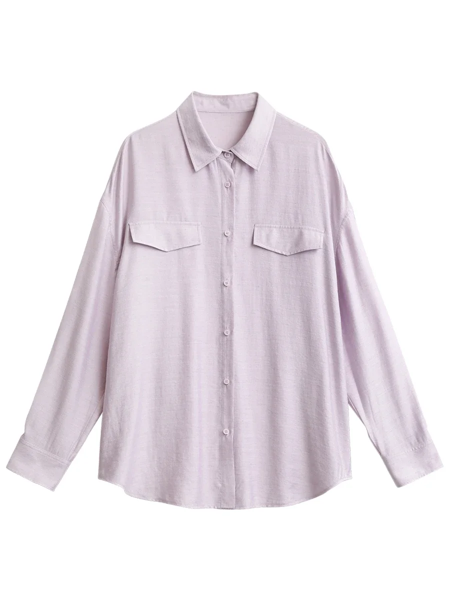 شيك فين النساء قمصان رقيقة الصلبة واحدة الصدر طويلة الأكمام فضفاضة التلبيب معطف الإناث البلوزات الربيع الصيف 2025 الملابس