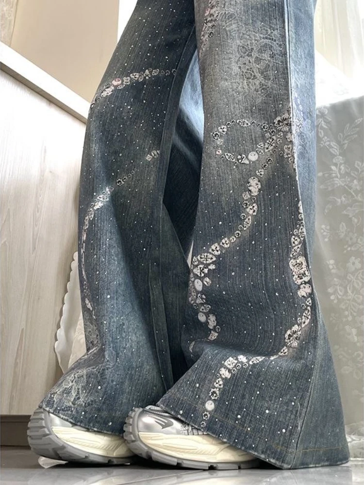 Deeptown Y2k Vintage Rhinestone Butterfly Women Jeans Washed Harajuku Wide Leg American Style Baggy Denim Pants Gyaru Hip Hop