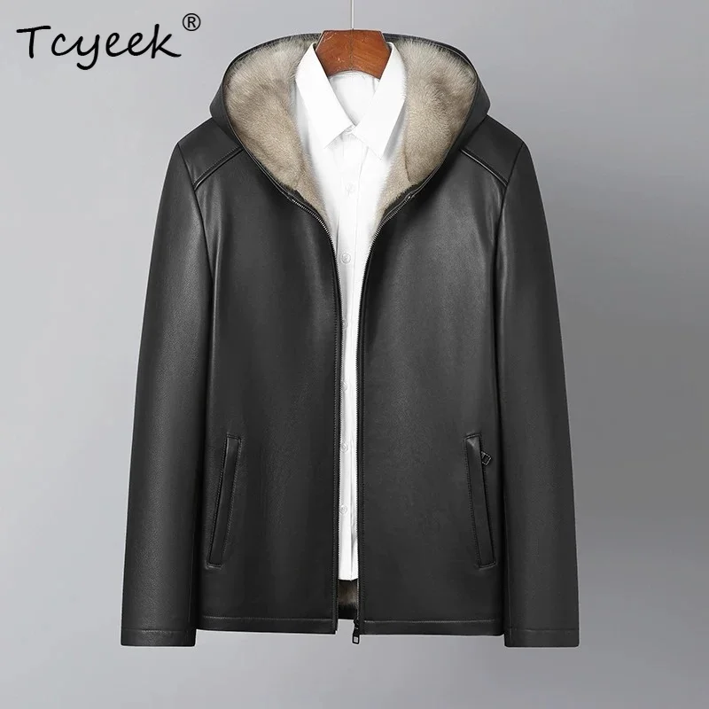 Tcyeek Natural Sliver Blue Mink Coat Man Top Layer Calfskin Real Leather Jacket Men Clothes Hoodie Real Fur Winter Jackets Chic