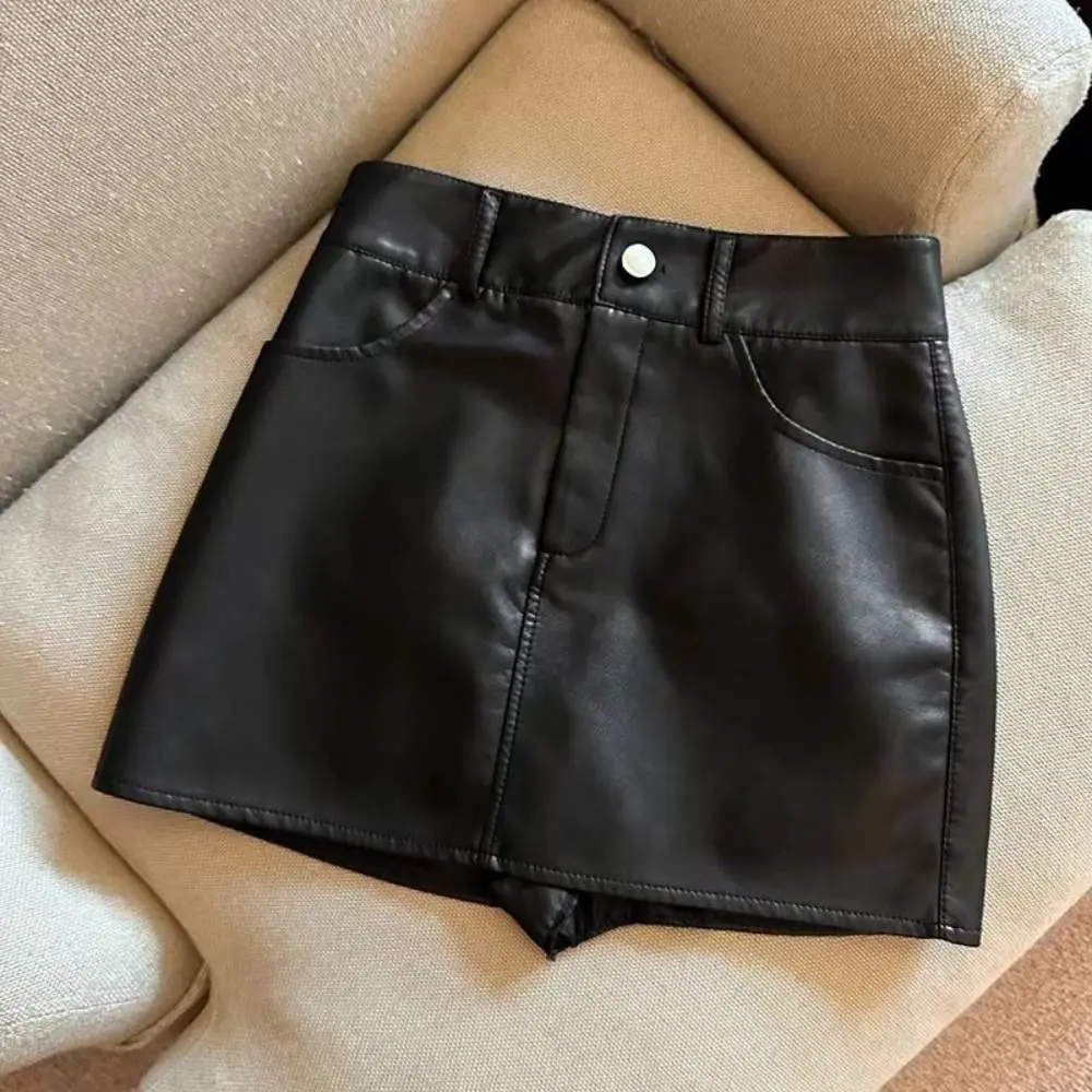 

Korean Style Zipper PU Leather Skirt Solid Color Retro High Waist A-line Skirt Slim Fit Autumn Winter Short Mini Skirts Summer