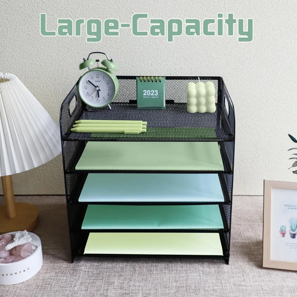 paper letter tray with handle, 5 tier metal mesh desk file organizer, a4 paper desktop filing trays, desk tidy magazine document