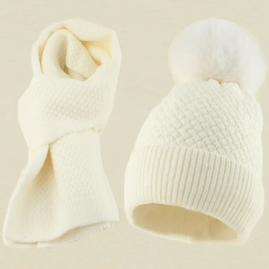 

Hat Scarf Set Women Winter Wool Knit Beanie Fox Pompom Warm Accessory For Cold Weather Autumn Sports Skiing Outdoor Holiday