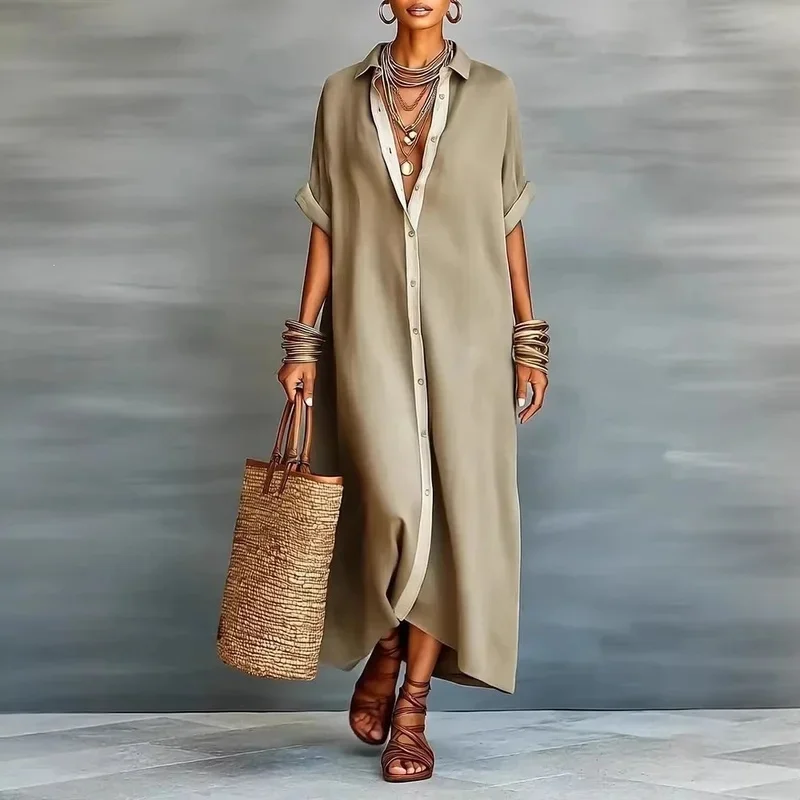 

2026 Spring Turn-down Collar Button Shirt Dress Woman Casual Patchwork Loose Long Dress Summer Short Sleeve Beach Vacation Dress