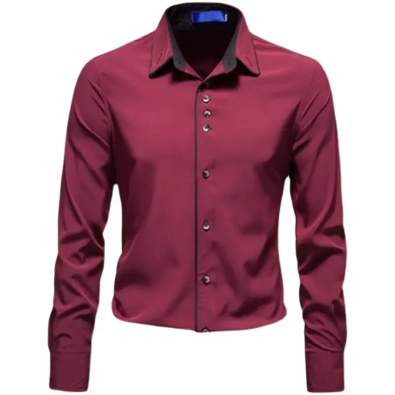 Camisa Formal de manga larga para hombre, vestido de esmoquin para fiesta, banquete de boda, Color puro, negro, blanco y azul, novedad de 2022