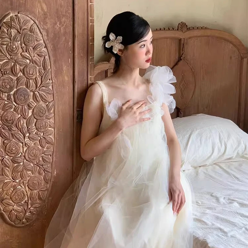 Bohemian Sheer Tulle Wedding Dress with Floral Accents Vintage Asymmetric Neckline Bridal Dress Train Beach Weddings