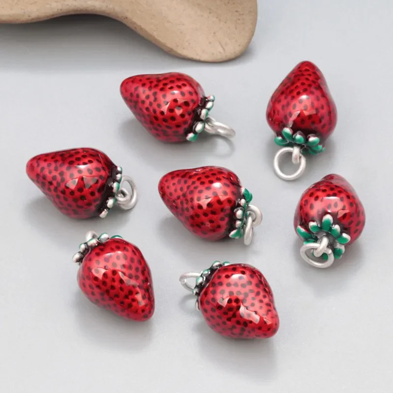 Vintage Enamel Red Strawberry Pendant For Jewelry Making Ethnic 3D 925 Sterling Silver DIY Material Can Make Bracelet Necklace
