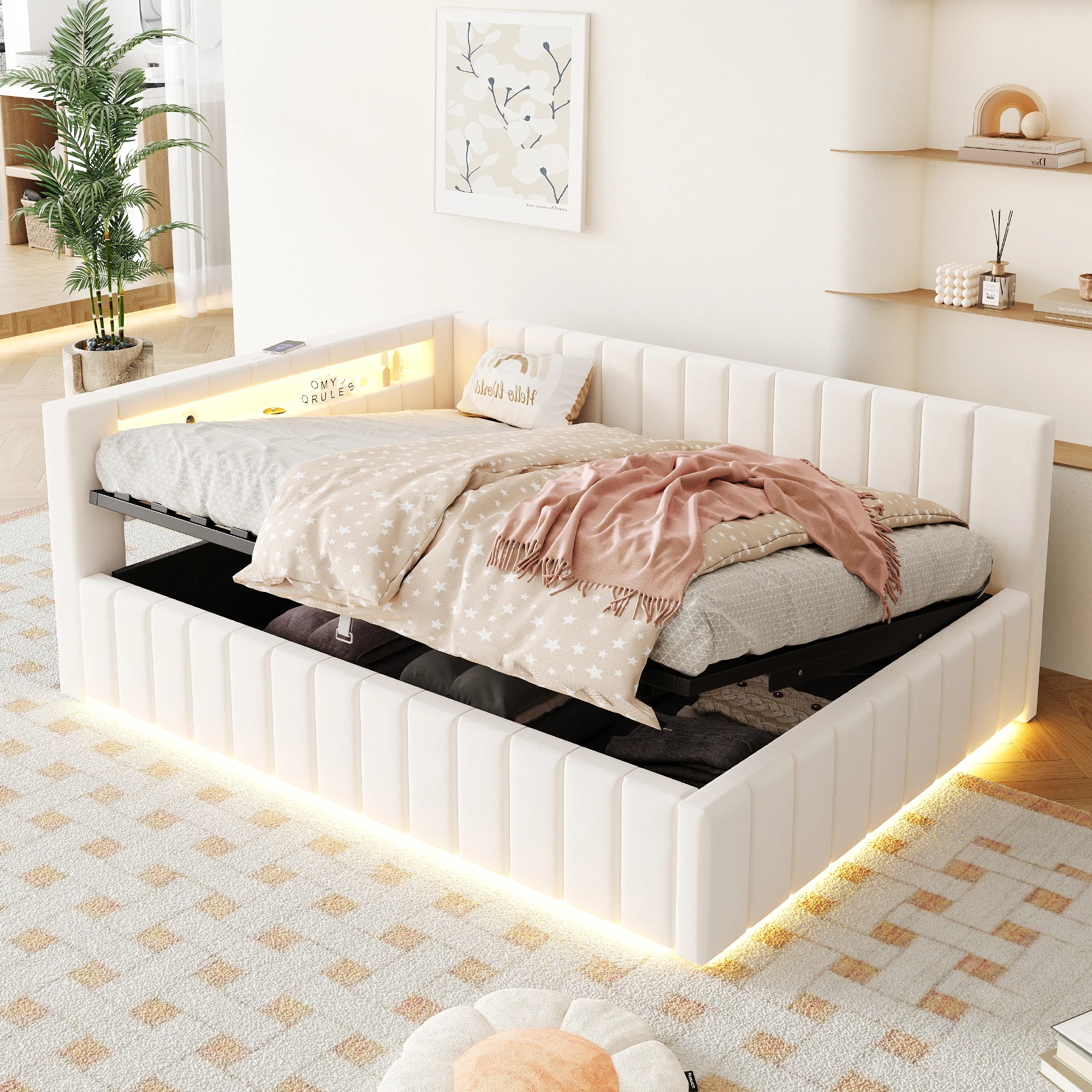 Lit coffre 140x200 cm - Lit avec sommier à lattes, LED et port USB, revêtement en velours, sans matelas, beige