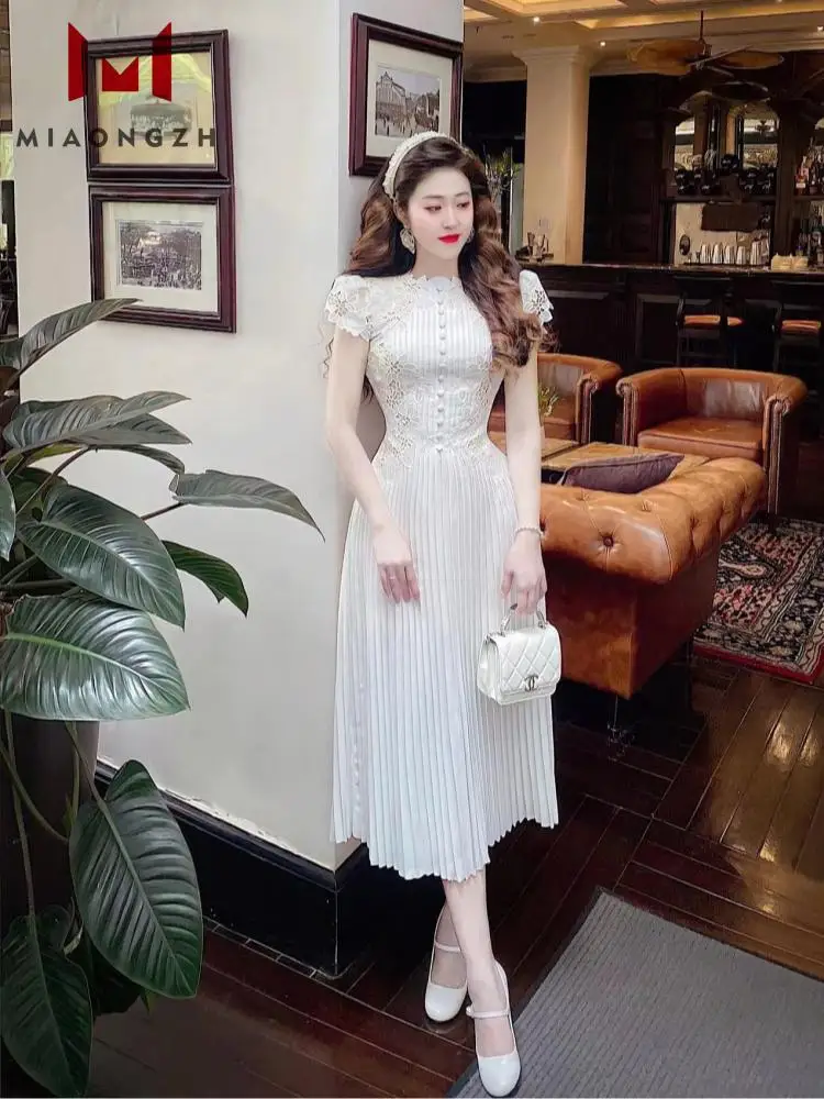 

2024 Summer New Lace White Embroidered Dresses For Women O Neck Short Sleeve Vintage Elegant High Waist Slim Holiday Party Dress