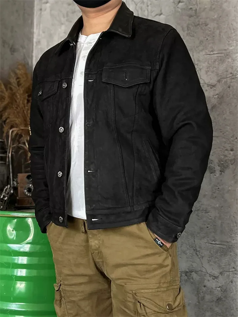Retro Black Spring Leather Jacket Men Denim Style Plus Size 4XL Genuine Natural Sheepskin Single Breasted Leather Coat