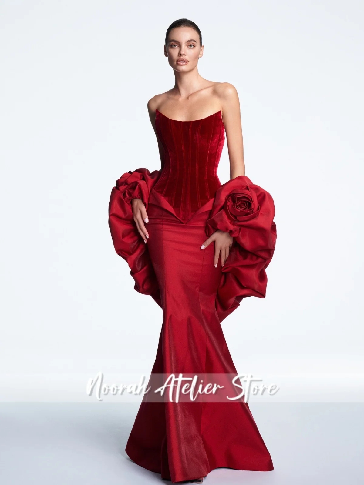 

Elegant Rose Red Luxury Satin Flower Dubai Evening Dresses Backless Wedding Dress Dubai فساتين سهرة 2025 Formal Dress Customized