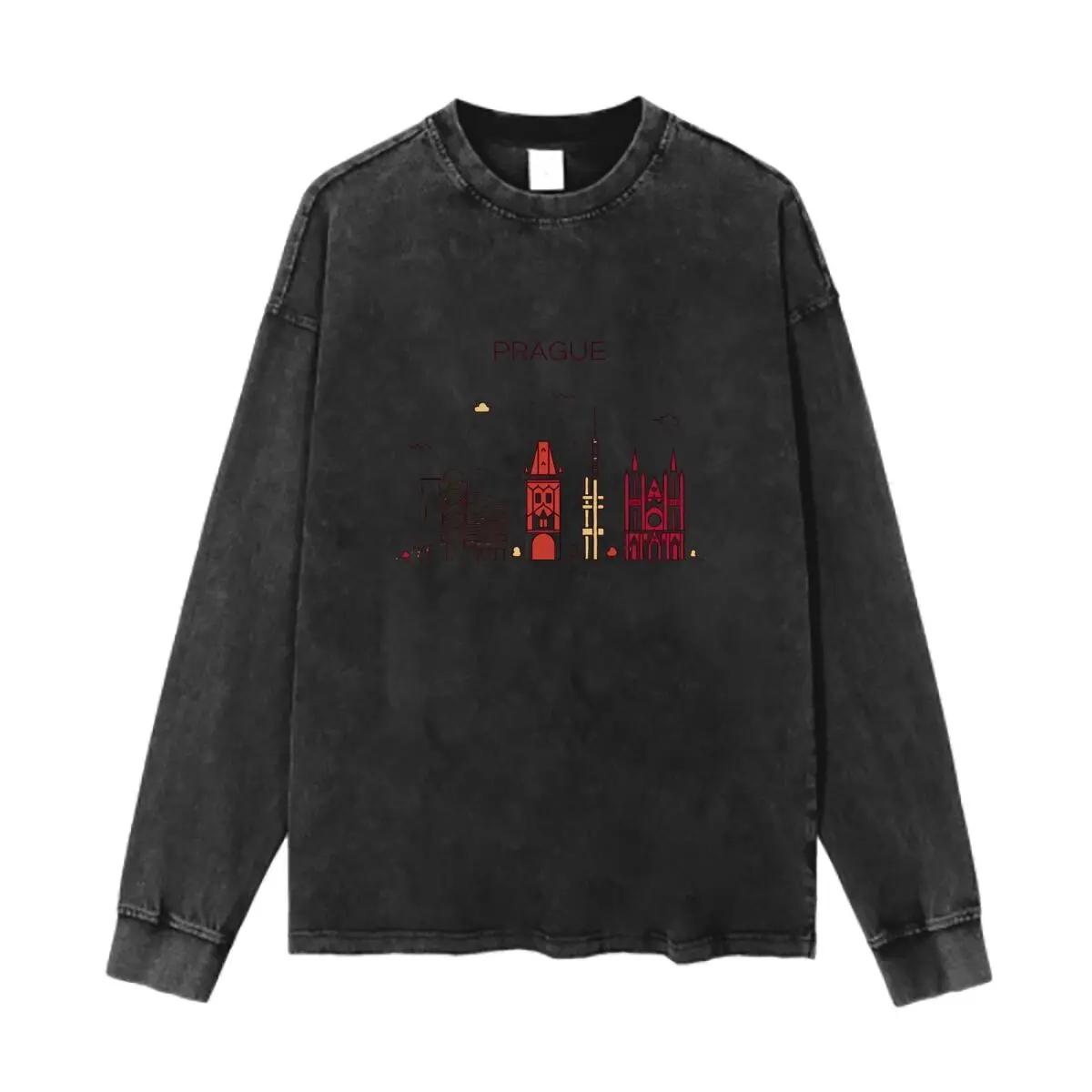 Prague Skyline Graphic Washed Vintage Long Sleeves Cotton Tee Shirt Solid O Collared For Men's And Women's