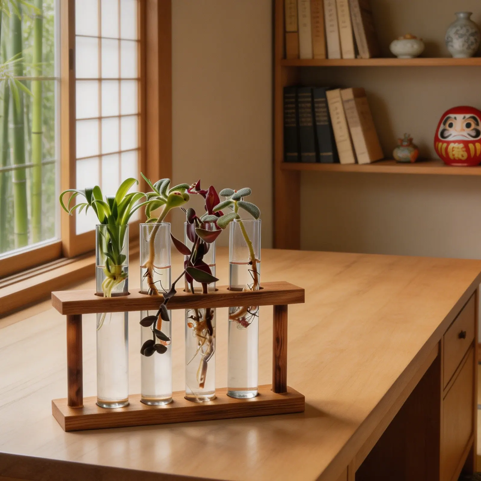 Wooden Plant Propagation Station with Glass Test Tube Vase Holder Rustic Hydroponic Display Stand for Desktop Indoor Garden