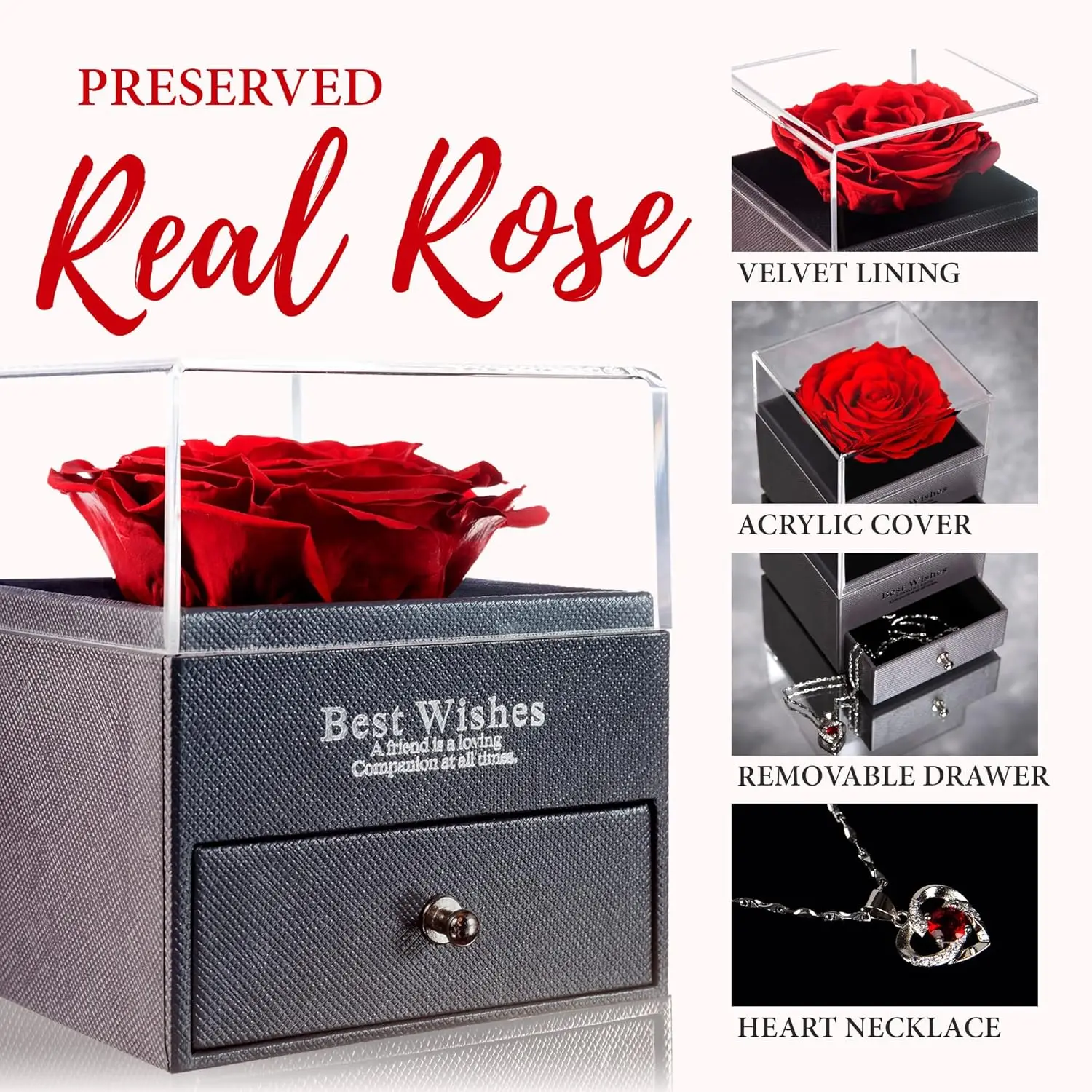 Eternal Enchanted Preserved Rose with Necklace - Infinity Rose in Love Box - Made from Real Fresh Beauty Rose - Romantic Gifts