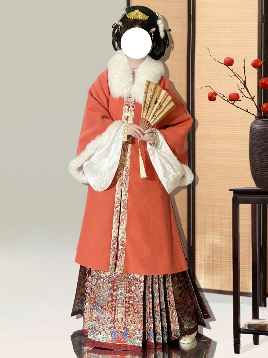 

Red Long Coat Hanfu Winter Woolen Full Set with Lipsti Color Large Size Hanfu Red eup Weaving Gold Face Skirt New Model