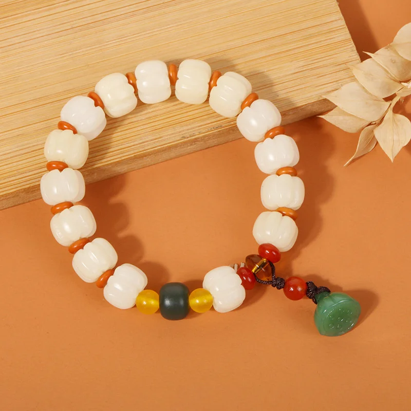 White Jade Bodhi Root Carving Pumpkin Beads Bracelet Dongling Yulianpeng Bracelet Jewelry Gifts