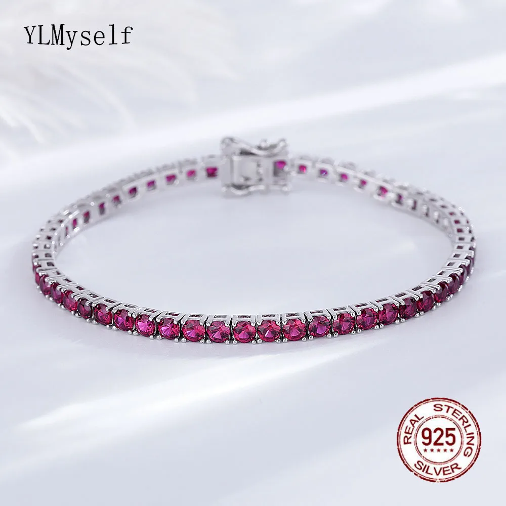 

YLMyself 925 Sterling Silver Tennis Bracelet – 3mm Dark Ruby or Sapphire CZ, 15–19cm, Elegant Wedding Jewelry Gift for Her