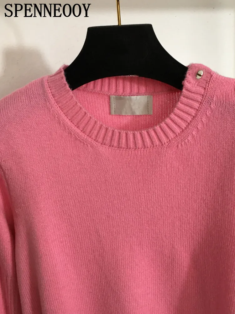 SPENNEOOY Fashion Runway Winter Pink Color Wool Knitting Pullovers Women\'s O-Neck Chic Button Loose Long Sleeve Warm Sweaters