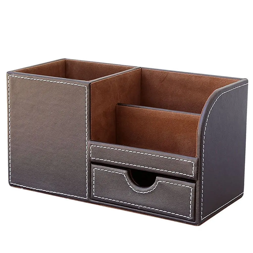 A01K-1Pcs PU Leather Multi-Function Desk Stationery Organizer Storage Box Pen/Pencil,Cell Phone, Business Name Cards Remote Cont