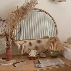 Vintage Wooden Makeup Mirrors Wall Mounted Rattan Weaving Mirror for Dormitory Homestay Wall Stickers Desktop Decorative Mirror