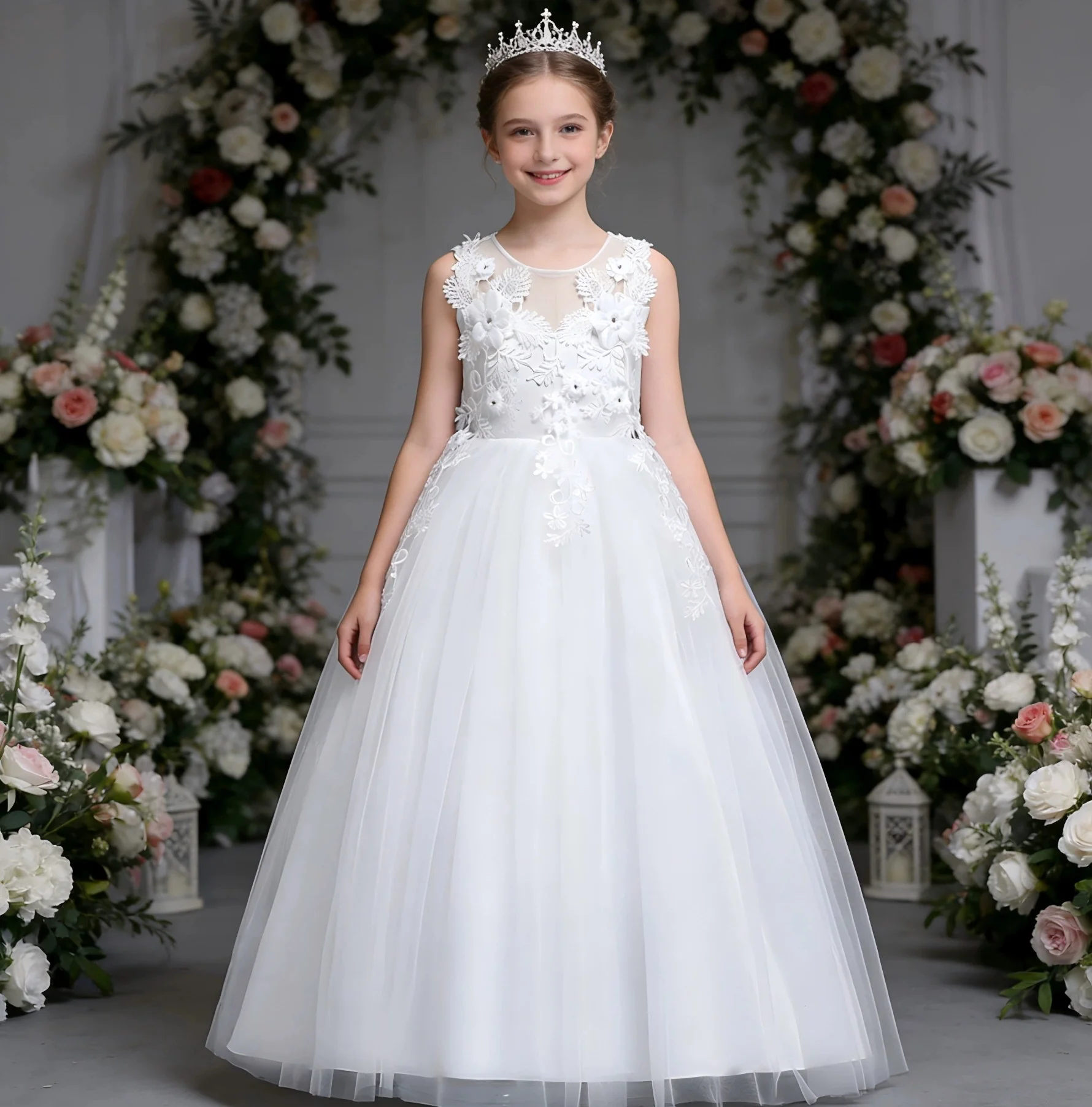 

Baptismal White Costume For Girl Puffy Lace Princess Dress Elegant Flower Wedding Dress Piano Performance Long Dress Party Gown