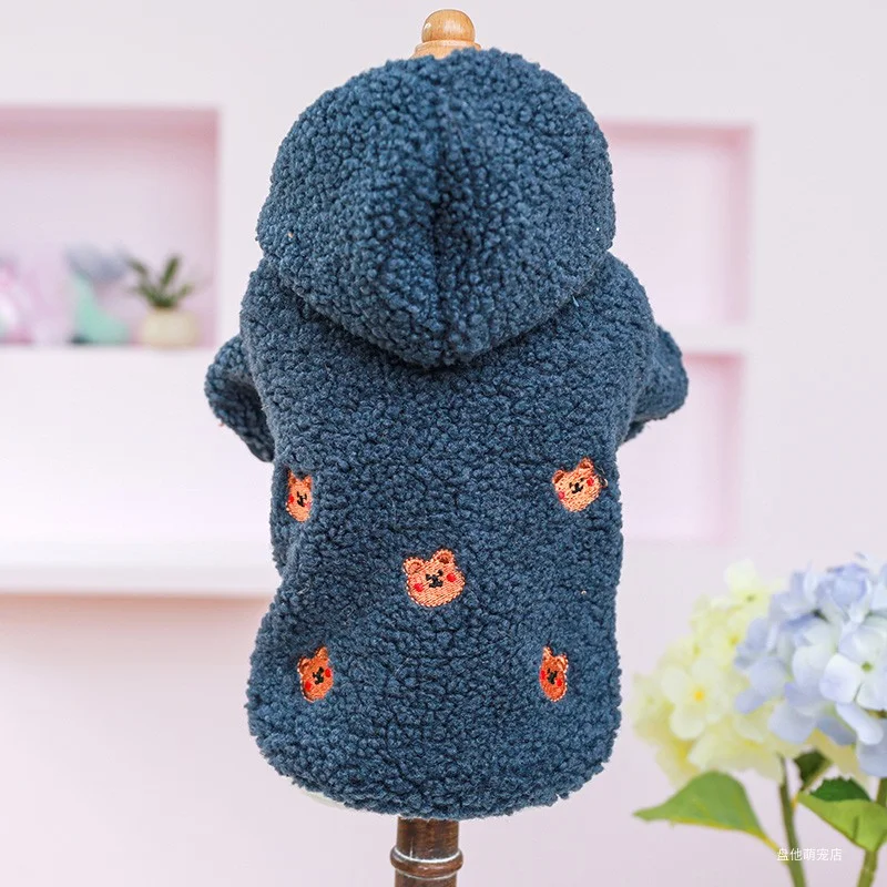 1PC Pet Clothes Cat Autumn and Winter Plush Thickened Warm Blue Embroidered Bear Hat Coat Suitable for Small and Medium Dogs