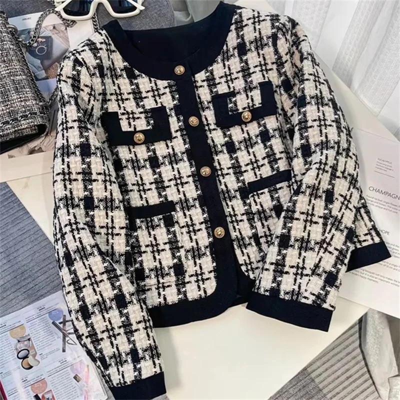

High Quality French Vintage Small Fragrance Tweed Jacket Coat Women's Spring Autumn Casual Fried Street Short Coat Plaid Outwear