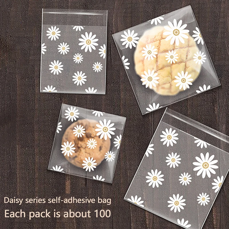 100Pcs Thickened Matte Daisy Pattern Opp Self-sealing Bag Cute Small Chrysanthemum Printed Gift Candy Snack Wrapping Bags