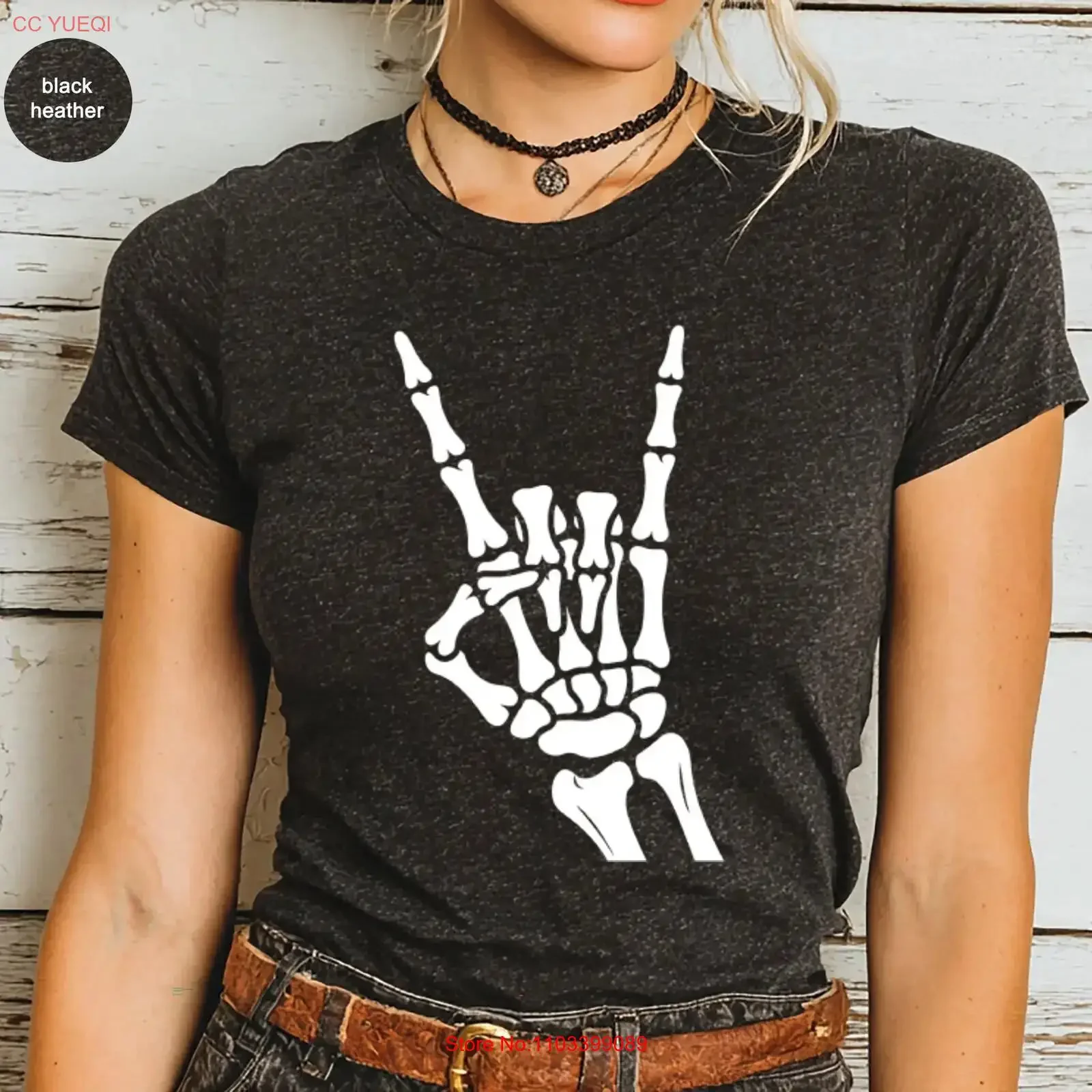 Camiseta Rock On Skeleton Hand, diseño de mano de esqueleto, para Halloween, estilo metal, para amantes de la música, vintage, lavada, unisex, transpirable, versátil, suave