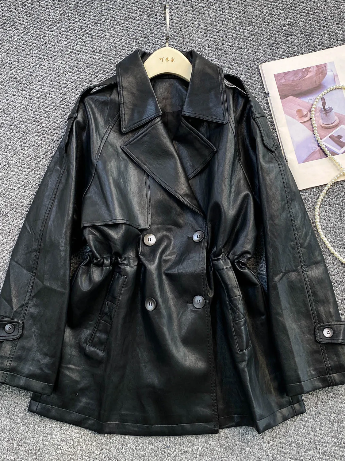 معطف Bury Retro للدراجات النارية من الجلد Jaet للنساء للشتاء طويل رائع وزر إغلاق ملابس خارجية فضفاضة قابلة للتنفس #3