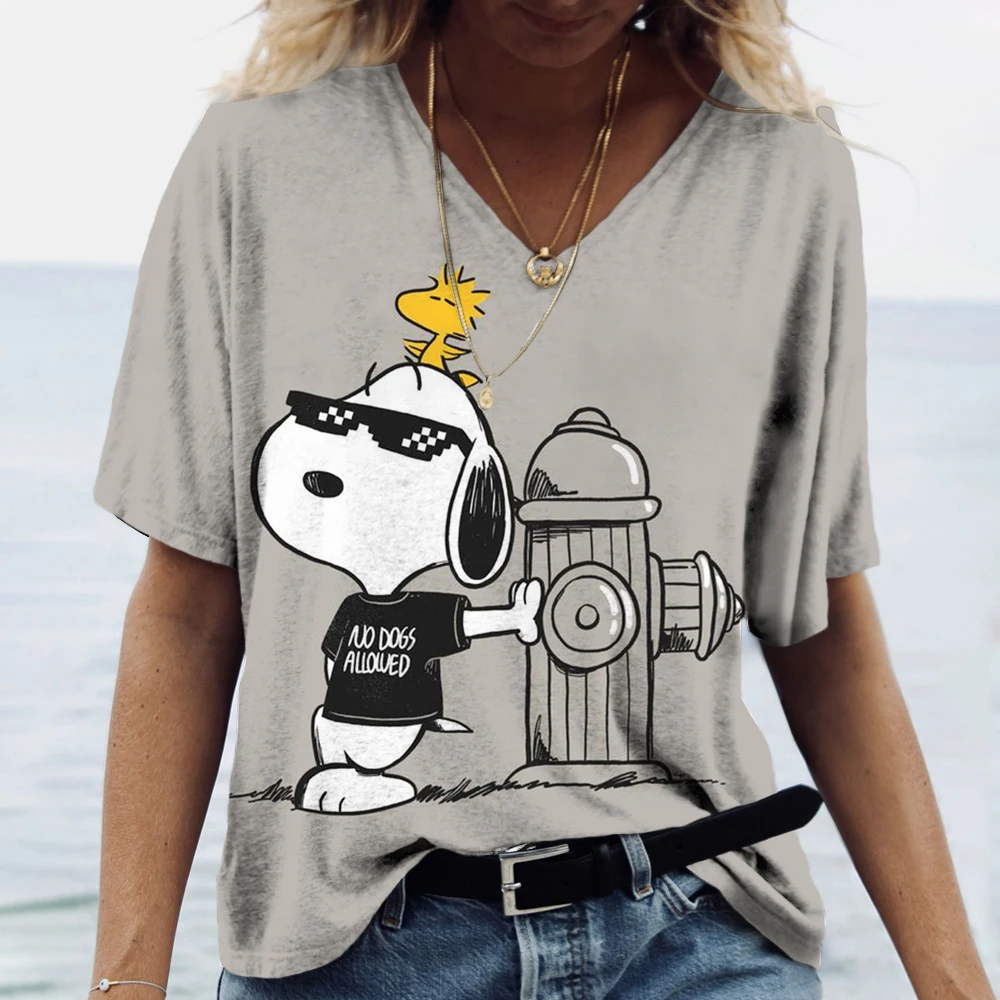 Fashionable Women\'s T-Shirts Cute Snoopy print Girl Summer Harajuku Loose Casual Clothing Kawaii V-Neck Short Sleeve T-Shirts