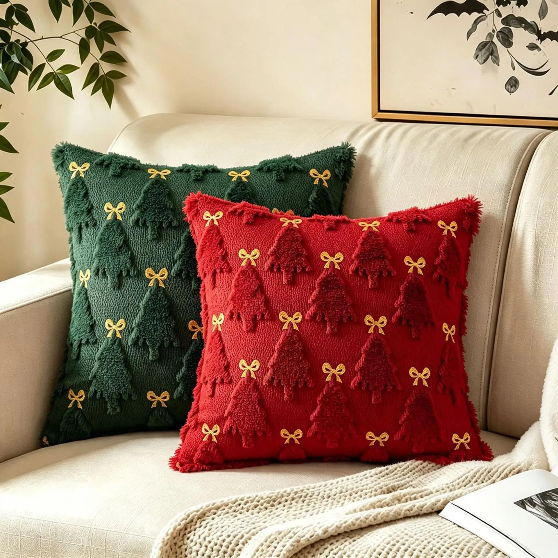 Christmas Tufted Tree Pillow Cover Bow Embroidery Tassel Edge Decorative Cushion Case Multiple Color Xmas Living Room Sofa Decor