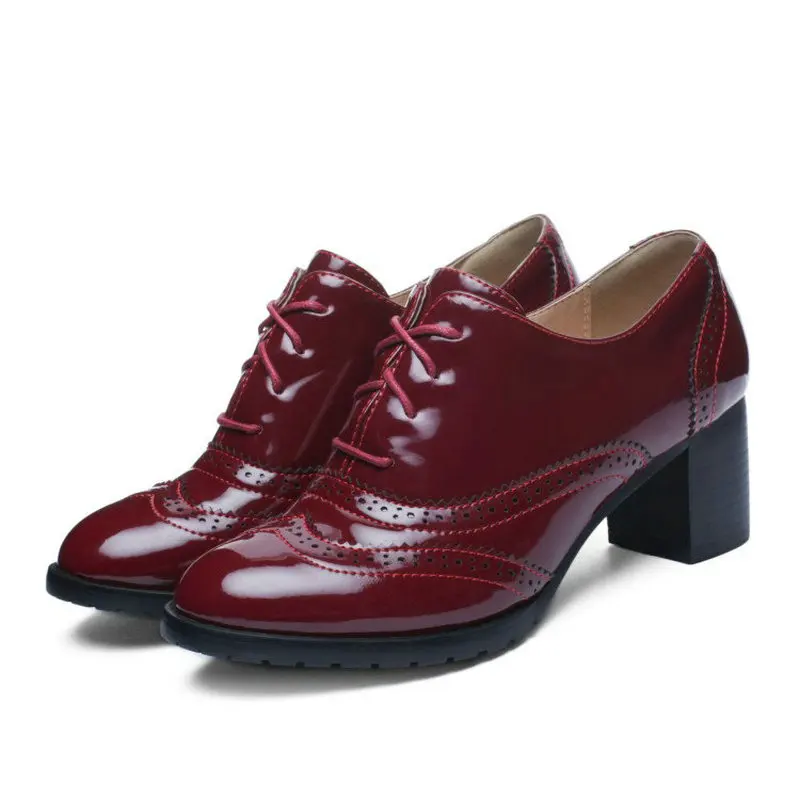 Size 33-43 Navy Burgundy Lace-up Brogue Design PU Patent Leather Square Block High Heeled Woman Shoes Derby Oxford Pumps Heels