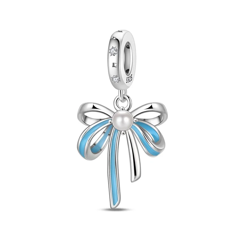 Fit 3mm DIY 925 Original Bracelets 925 Sterling Silver Blue Bow Charms Beads DIY Birthday Party Jewelry Gifts